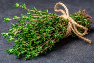 Poster - Freshly harvested thyme bundle tied with twine on a dark surface