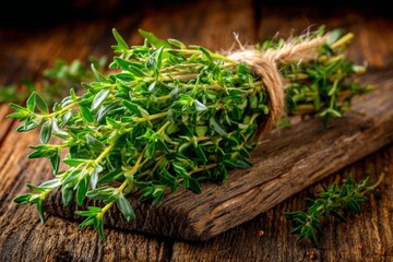Poster - Fresh thyme tied with twine on a rustic wooden board in a warm kitchen setting