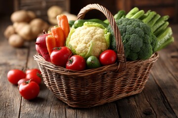 Poster - Freshly harvested vegetables arranged in a woven basket on a wooden table in a rustic setting