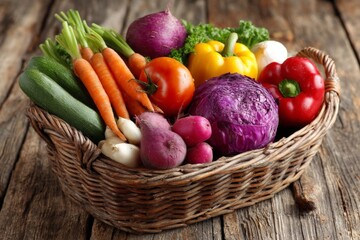 Aufkleber - Freshly harvested vegetables arranged in a woven basket on a rustic wooden table