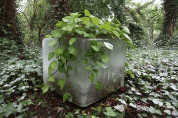 Poster - Green vines cascade over a cubic stone planter in a lush forest setting during a misty morning