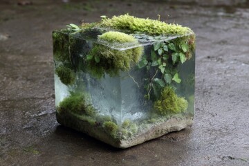 Aufkleber - Unique art piece blending nature and ice showcases mossy scene within transparent block during daylight