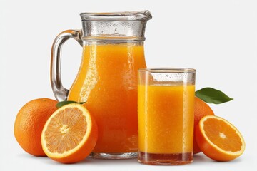 Poster - Freshly squeezed orange juice in a glass and pitcher surrounded by whole oranges