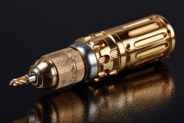 Poster - Intricate gold tattoo machine resting on a reflective black surface showcasing detailed craftsmanship and design elements