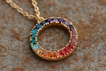 Aufkleber - Colorful gemstone pendant showcasing a circular design with a rich array of gemstones displayed on a textured background