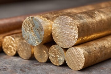 Aufkleber - Golden round metal rods stacked on a workbench in a workshop showcasing various sizes and textures