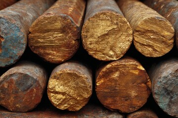 Aufkleber - Artistic arrangement of gold-coated metal rods in industrial setting with a textured surface