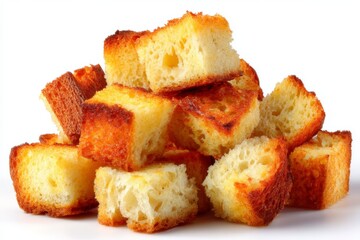 Poster - Crispy golden croutons piled high on a clean surface perfect for soups and salads