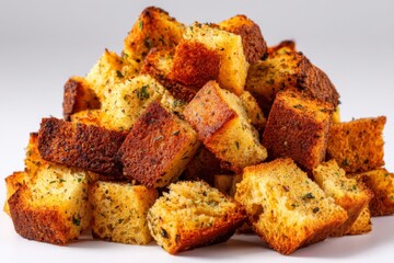 Poster - Crispy garlic croutons stacked on a clean surface perfect for salads or soups