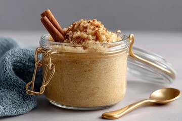 Aufkleber - Homemade brown sugar with cinnamon sticks in a glass jar on a light background