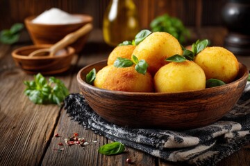 Poster - Delicious golden potato balls served in a rustic wooden bowl with fresh basil and spices on a wooden table