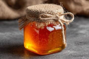 Aufkleber - Golden honey jar with twine lid placed on a textured surface, showcasing its rich color and natural clarity