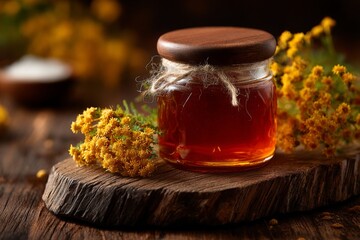 Poster - Natural honey jar with wooden lid surrounded by yellow flowers on wooden surface in warm lighting