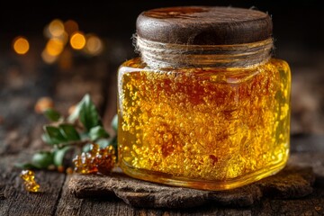 Aufkleber - Golden honey jar with natural sparkles set against a rustic wooden background in warm lighting