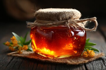 Aufkleber - Golden honey jar resting on a rustic wooden surface surrounded by delicate flowers and green leaves in soft light