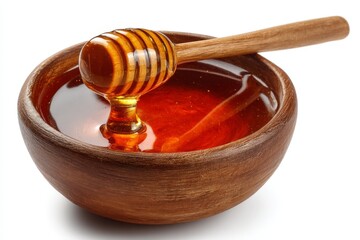 Aufkleber - Delicious honey displayed in a wooden bowl with a honey dipper resting inside on a white background