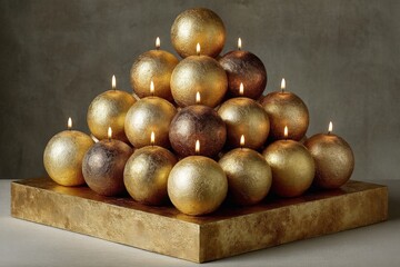 Aufkleber - Decorative pyramid made of golden spherical candles with flickering flames in an elegant display