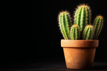 Poster - Charming cactus arrangement in terracotta pot highlighting its vibrant spikes against a dark background