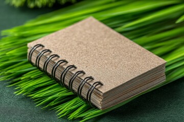 Poster - Notebook resting on fresh green grass with a natural aesthetic in a serene outdoor setting