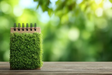Poster - Notebook made from recycled materials placed on a wooden table surrounded by greenery in natural light