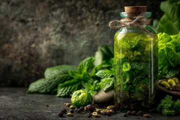 Poster - Herbal oil infusion with fresh greens displayed on a rustic table