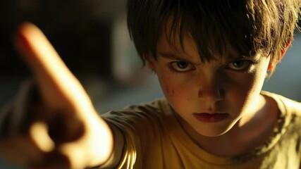 Poster - A young boy points his finger at the camera in this candid moment