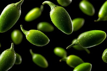 Poster - Fresh green jalapenos covered in water droplets falling against a black background