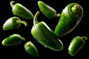 Poster - Fresh jalapeno peppers with water droplets suspended against a black background in a dramatic composition
