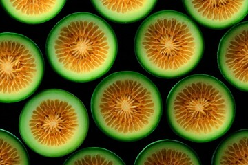 Poster - Slices of green melon with intricate patterns displayed on a dark background during a culinary presentation