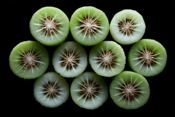 Poster - Sliced green kiwifruit arranged in a visually striking pattern on a black background