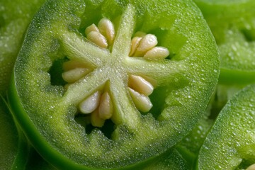 Poster - Sliced green jalapeno pepper revealing seeds and texture in close-up display of freshness