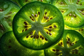 Poster - Close-up of vibrant green okra slices showcasing intricate patterns and textures under bright light