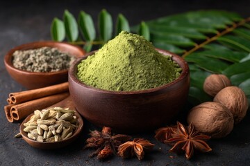 Poster - Vibrant assortment of spices and herbs displayed in wooden bowls with green leaves on dark background
