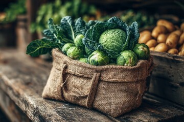 Poster - Freshly harvested greens and Brussels sprouts in a burlap bag at a local market in autumn