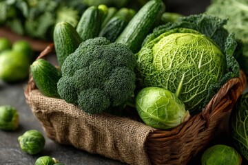 Poster - Fresh vegetables in a wicker basket showcasing green produce at a market during daytime
