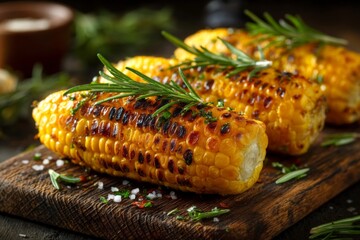 Aufkleber - Grilled corn on the cob garnished with herbs and spices in a rustic setting