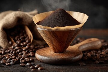 Aufkleber - Freshly ground coffee ready for brewing in a wooden dripper with scattered beans on a dark table