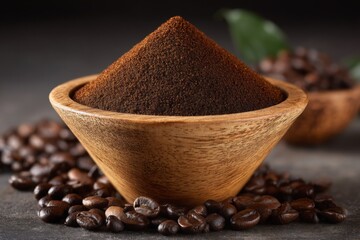 Poster - Freshly ground coffee sits in a wooden bowl surrounded by roasted coffee beans in a dark setting