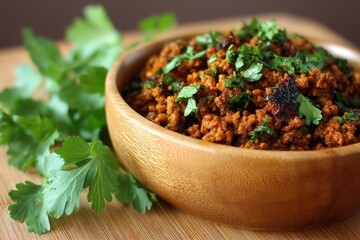 Poster - Spicy minced meat dish garnished with fresh cilantro served in a wooden bowl