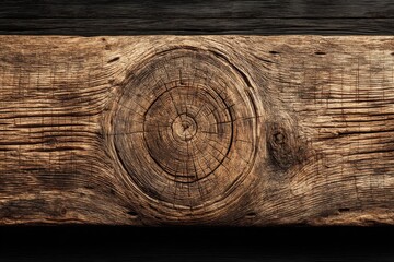 Poster - A close-up of an old, weathered wooden plank with a prominent knot and grain, showcasing rustic textures and earthy tones for background or design element use.