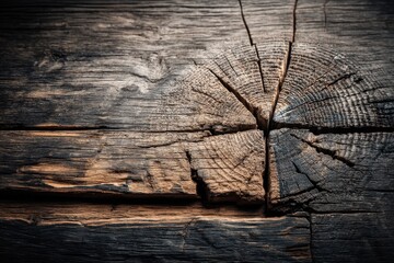Aufkleber - Close-up of a rustic, weathered wooden surface, revealing natural cracks and detailed patterns, showcasing the beauty and texture of aged wood grain with dark shadows.