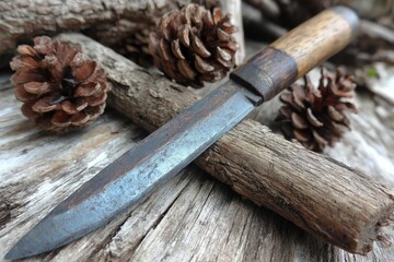 Poster - Rustic knife resting on wooden logs surrounded by pinecones in natural setting with soft lighting