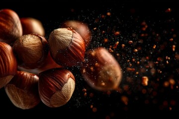 Aufkleber - Hazelnuts burst in a dynamic display of flavor and texture on a dark background during culinary preparation