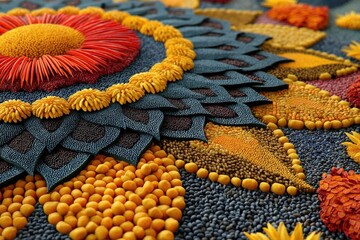 Poster - Intricate artwork created with seeds and grains, featuring a vibrant floral pattern, showcasing a stunning blend of textures and colors, a unique and detailed art piece.
