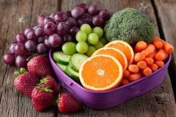 Poster - Fresh assortment of colorful fruits and vegetables arranged beautifully on a rustic wooden table showcasing healthy eating