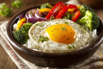 Poster - Delicious bowl of rice topped with a perfectly cooked egg and colorful stir-fried vegetables for a healthy meal