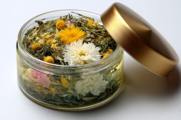 Poster - Dried flower arrangement in glass jar with golden lid showcasing vibrant colors and natural beauty