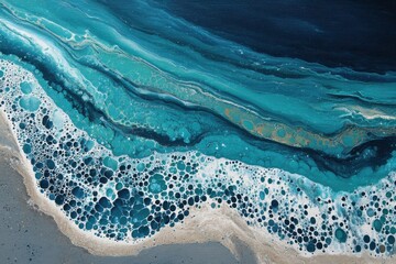 Poster - A captivating abstract painting of the ocean's edge, showcasing the frothy waves and sandy shore with a blend of turquoise and blue hues, creating a dynamic and mesmerizing coastal scene.