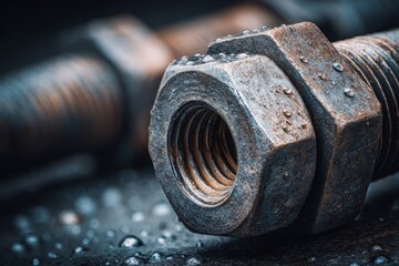Fototapete - Close-up of rusty metal nuts and bolts on a damp surface showcasing texture and details