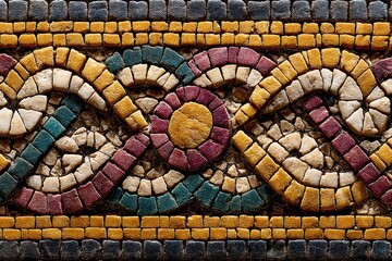 Poster - Ancient mosaic pattern featuring intricate floral and geometric designs, rendered with small colored tiles and aged textures, creating a vintage and ornamental visual.